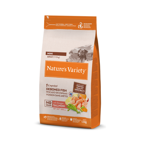 NATURE'S VARIETY NO GRAIN MINI ADULT, sausas pašaras suaugusiems šunims su lašiša