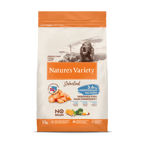 NATURE'S VARIETY SELECTED MED/MAX ADULT, sausas pašaras suaugusiems šunims su lašiša - VetExpress