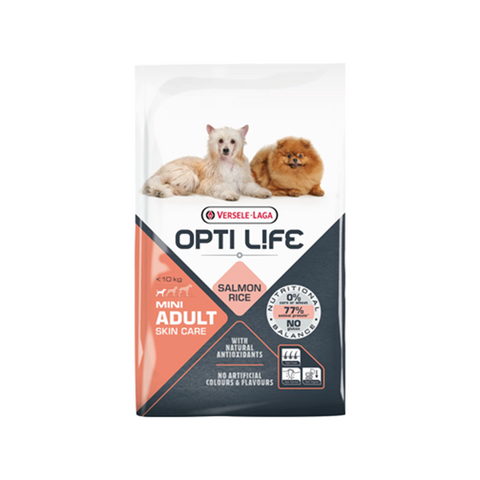 OPTI LIFE  ADULT SKIN CARE MINI, sausas pašaras su lašiša ir ryžiais mažų veislių šunims