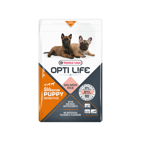 OPTI LIFE PUPPY SENSITIVE, sausas pašaras su lašiša ir ryžiais šuniukams