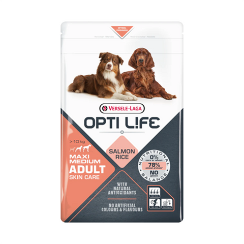 OPTI LIFE ADULT SKIN CARE ALL BREED, sausas pašaras su lašiša ir ryžiais suaugusiems šunims