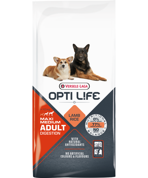 OPTI LIFE MEDIUM/MAXI ADULT DIGESTION, sausas pašaras su ėriena ir ryžiais suaugusiems šunims